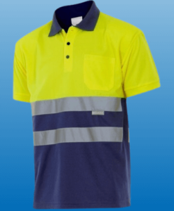 Camiseta Polo de Alta Visibilidade – Fabricada com tecido fluorescente e faixas refletivas para melhorar a visibilidade dos trabalhadores.